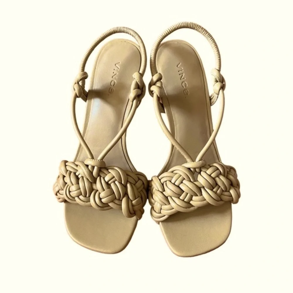 Vince braided leather “Quenelle” slingback heeled strappy sandals in “dune” tan